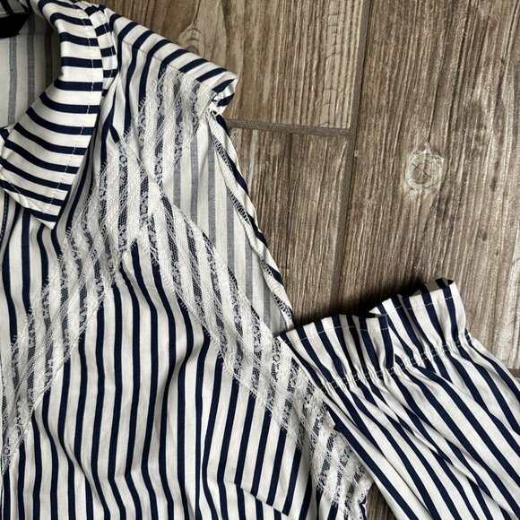 Walter Baker Womens Navy Striped Button Down Shirt M Cold Shoulder Lace Ruffle - Picture 3 of 11